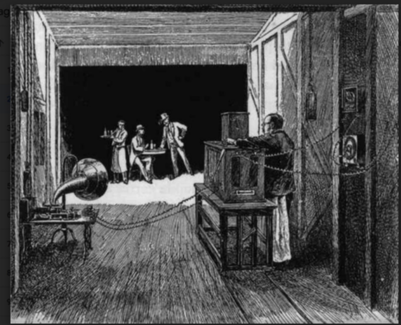 À l’intérieur du studio d’Edison, le Kinétographe, à l'avant-plan à droite, est posé sur une table. La caméra est reliée au Phonographe. À l'arrière-plan des comédiens jouent devant un fond noir.