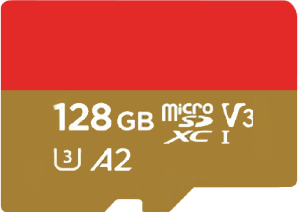 Illustration de la carte mémoire. La moitié supérieure est rouge et celle inférieure est de couleur brune. Les caractéristiques de la carte mémoire sont écrites en blanc dans la partie inférieure : 128 GB mirco SD V3 / 3 A2 XC I.