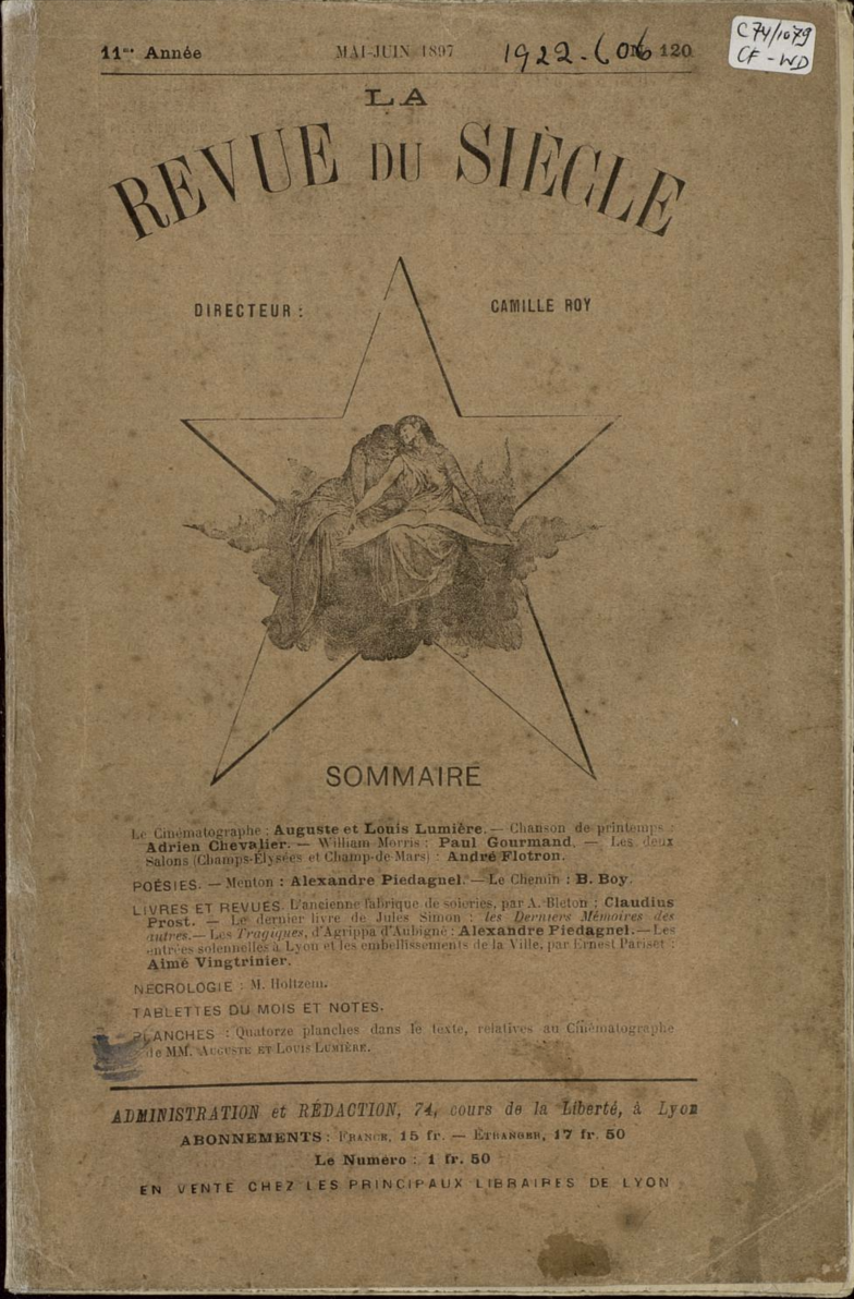 Image de la première de couverture de La Revue du Siècle datant de 1897. Au centre de la page se trouve le dessin d’une étoile dans laquelle deux femmes lisent un livre. Autour se trouve les informations de parution et du directeur Camille Roy
