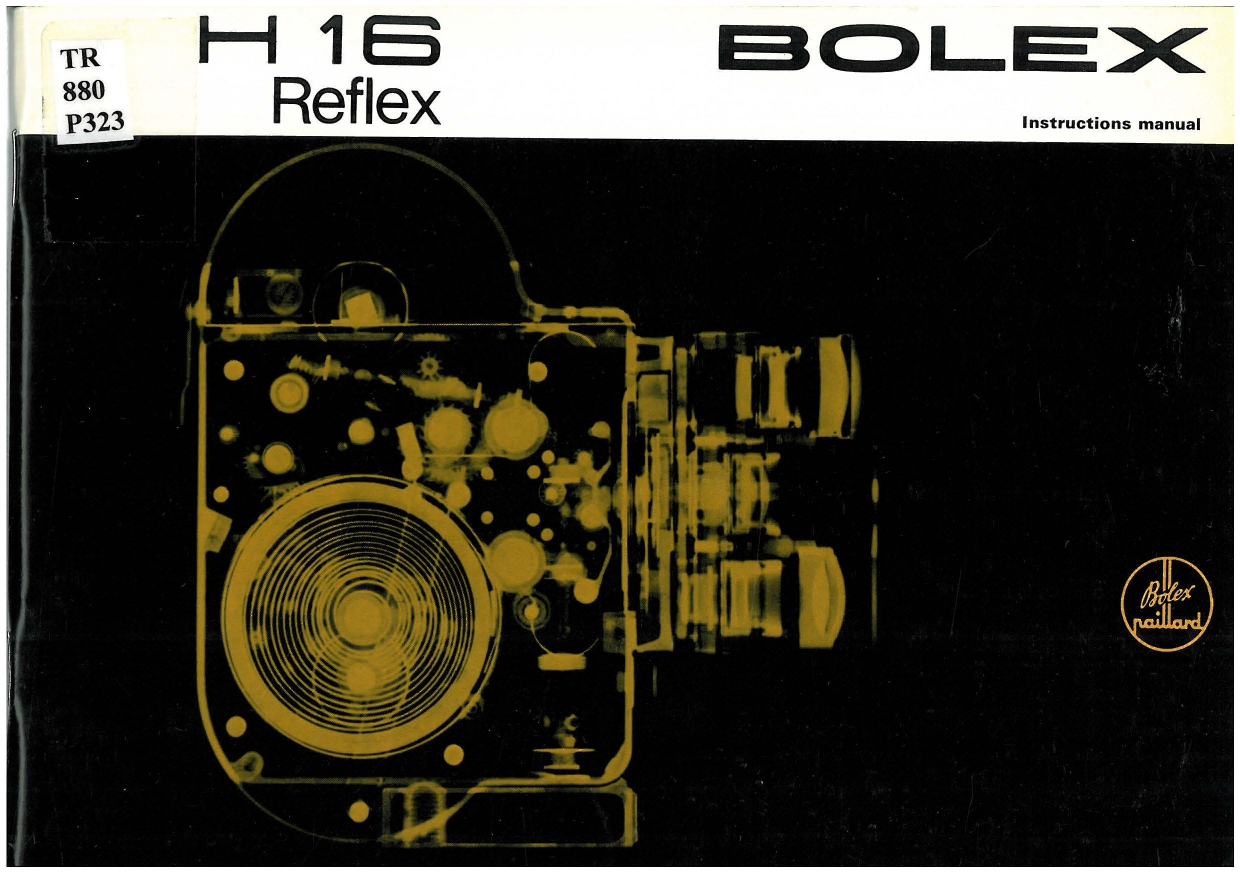 La première de couverture du manuel est entièrement noire à l’exception d’une bande blanche en haut de la page. On y voit le nom Bolex et le modèle H16 Reflex. En petit à droite est mentionné : Instruction Manual. Au milieu de la partie noire figurent les contours de la caméra en orange.